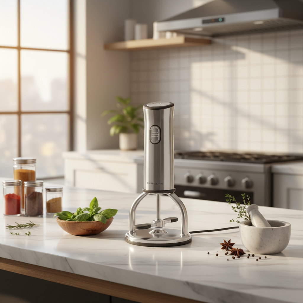 Everyday Essentials Automatic Pot Stirrer on a kitchen counter with spices and herbs.